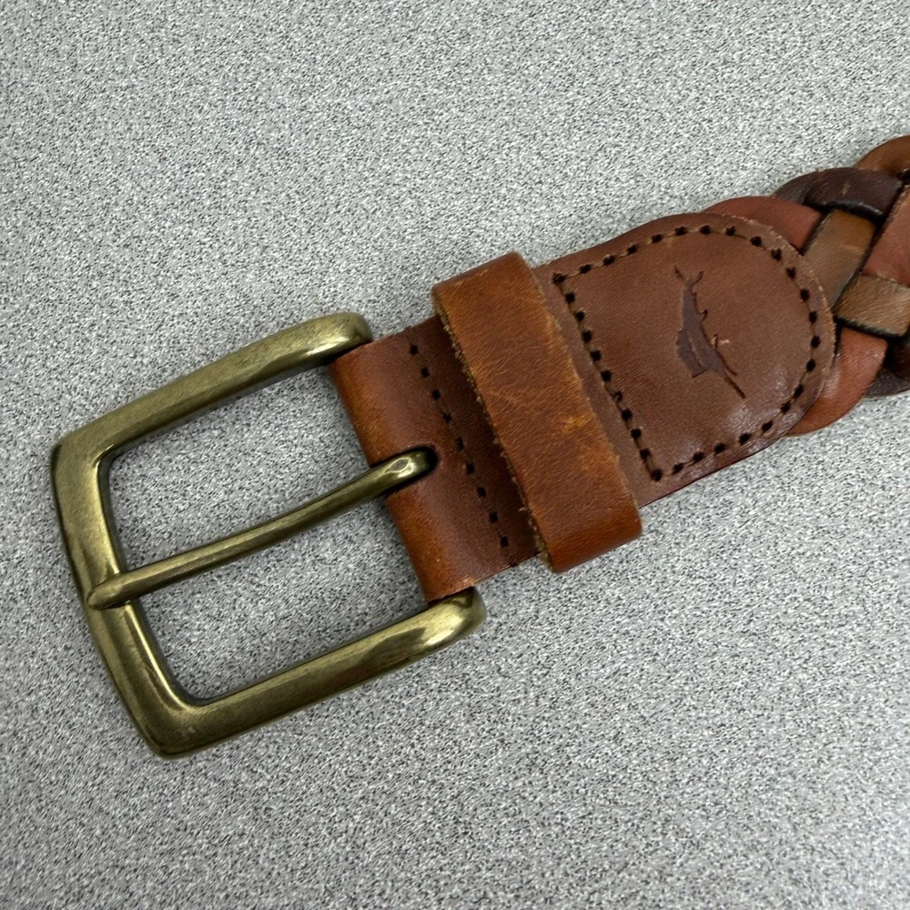 Tommy Bahama Belt Mens XL Brown Braided Leather Adjustable Brass Buckle Casual
